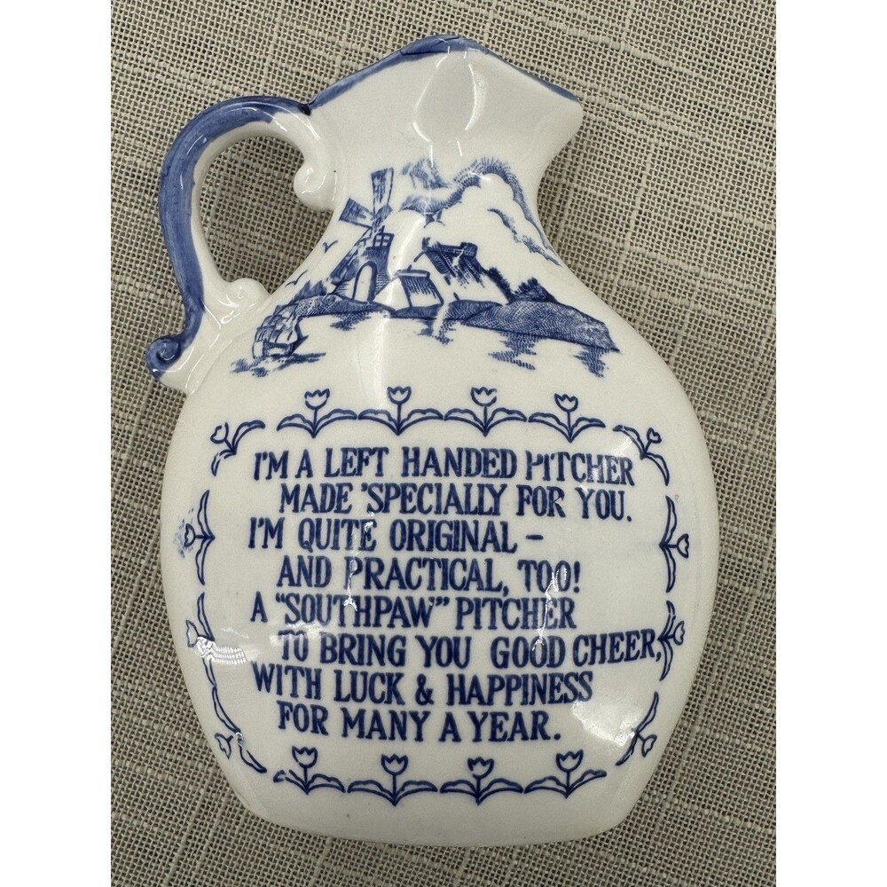 Vintage Blue & White Ceramic Left Handed Southpaw Pitcher Oregon Dutch Windmill - Picture 4 of 11